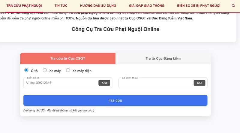 Tra cứu qua ứng dụng VNeTraffic